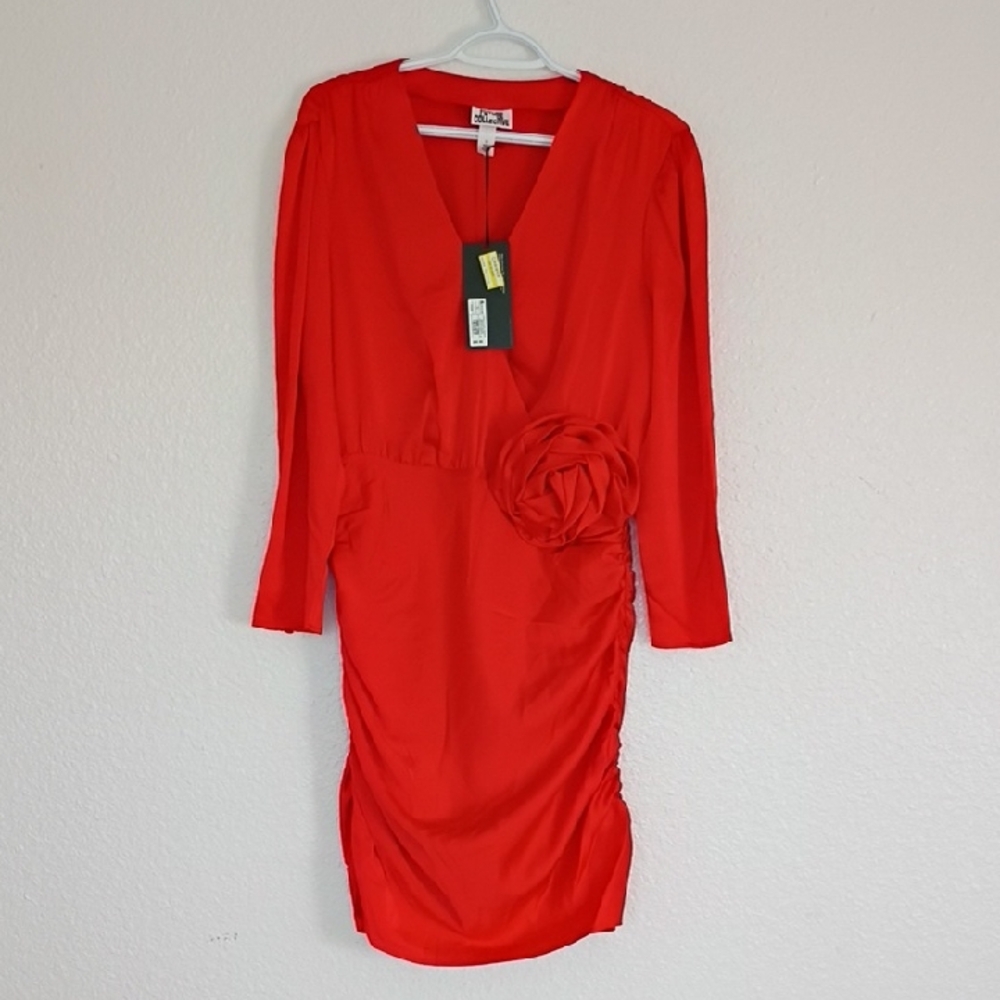 Chic Red Long Sleeve Dress with Floral Accent
